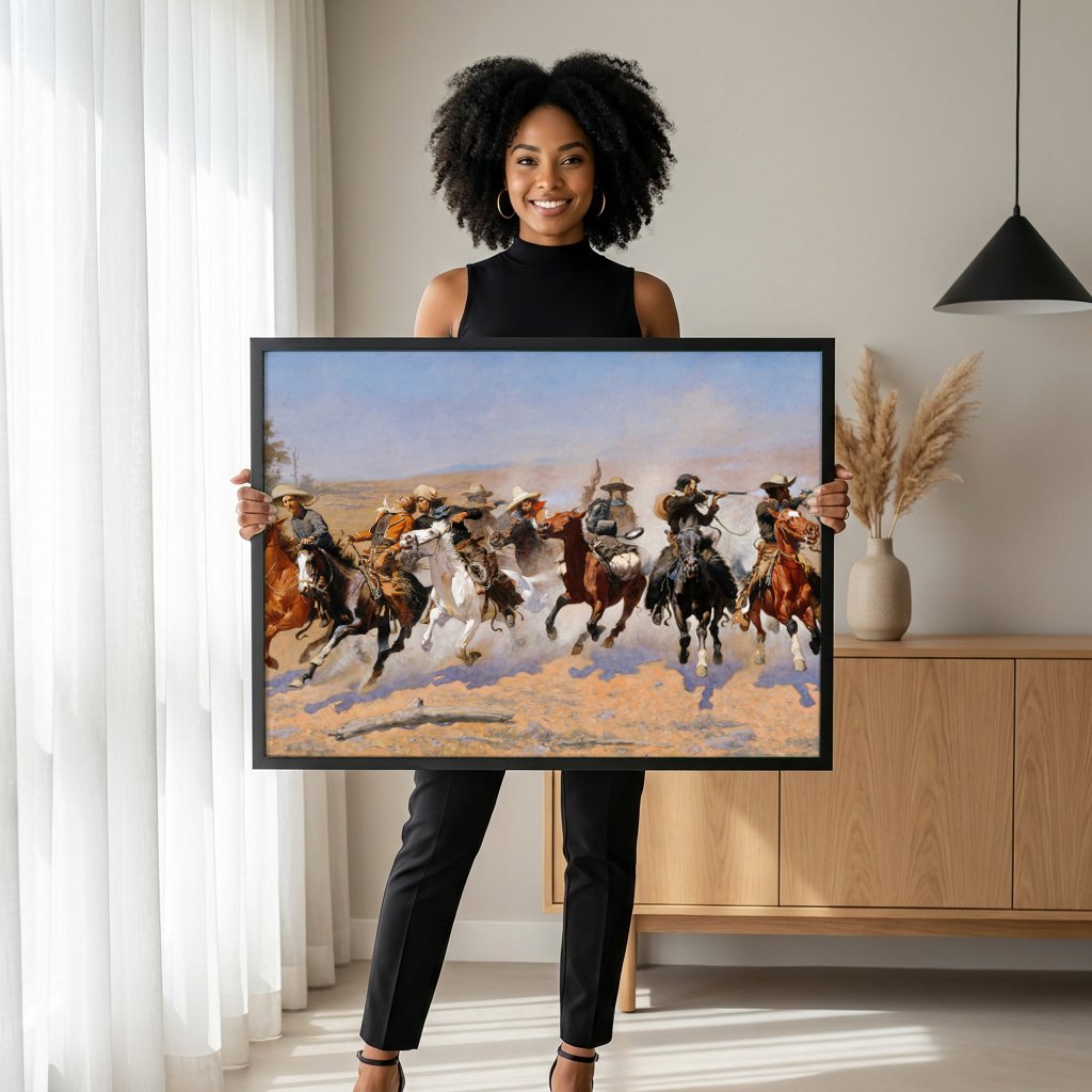 Quadro Decorativo A Fuga do Cowboy - Frederic Remington com modelo em ambiente