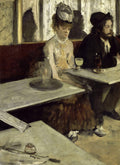 Quadro decorativo O Absinto de Edgar Degas, retratando uma mulher e um homem em um café, com copos de bebida, em tons sóbrios e melancólicos.