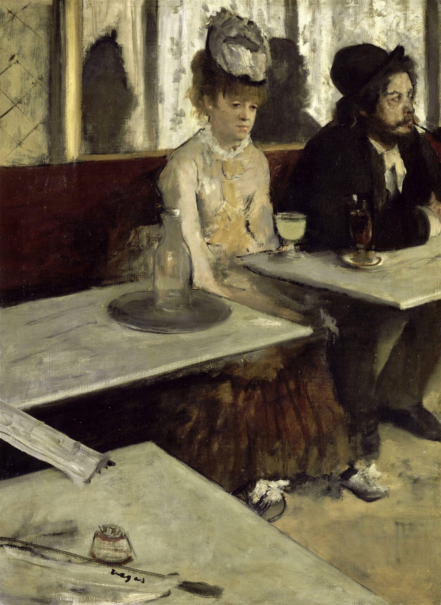 Quadro decorativo O Absinto de Edgar Degas, retratando uma mulher e um homem em um café, com copos de bebida, em tons sóbrios e melancólicos.