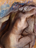 Quadro decorativo de um nu feminino de costas, com a pele em tons terrosos e o fundo em tons de azul e marrom, pintado em pastel por Edgar Degas.