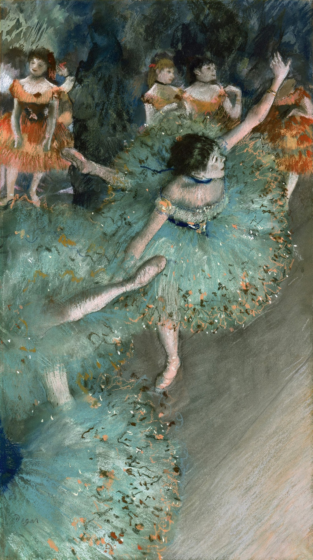 Quadro decorativo 'Bailarinas Azuis' de Edgar Degas, mostra várias bailarinas em tons de azul e verde com detalhes em laranja, em um palco ou bastidores.