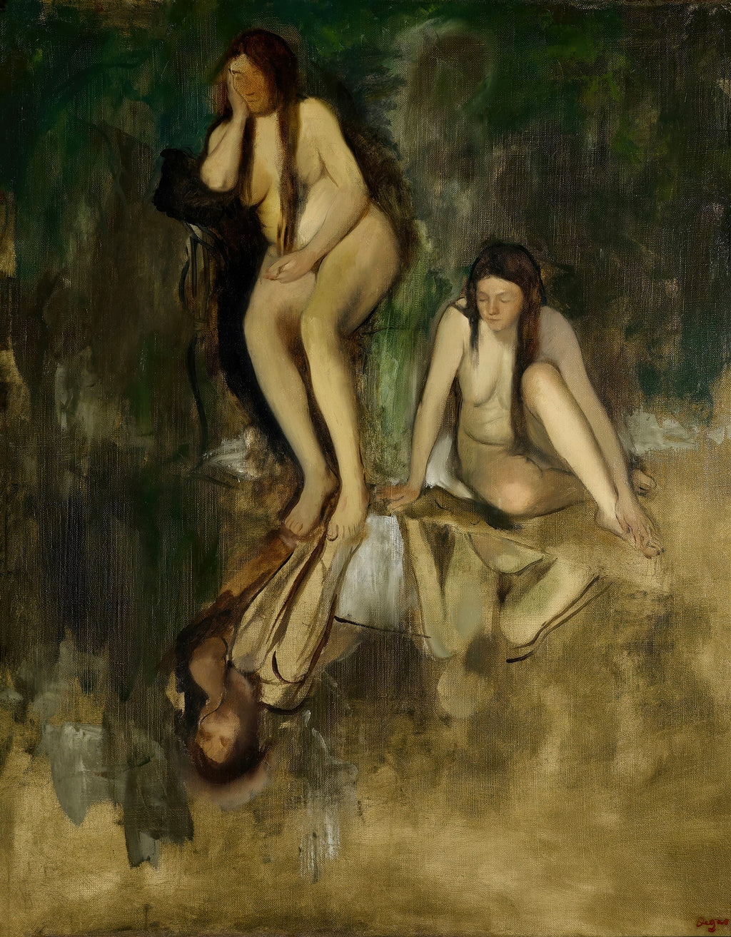 Quadro decorativo mostrando três figuras femininas nuas em um ambiente escuro e terroso, com tons de verde e marrom. Uma mulher está sentada em um plano superior, outra sentada abaixo, e a terceira figura é um reflexo ou projeção, de cabeça para baixo. A iluminação destaca as formas suaves dos corpos.