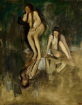 Quadro decorativo mostrando três figuras femininas nuas em um ambiente escuro e terroso, com tons de verde e marrom. Uma mulher está sentada em um plano superior, outra sentada abaixo, e a terceira figura é um reflexo ou projeção, de cabeça para baixo. A iluminação destaca as formas suaves dos corpos.