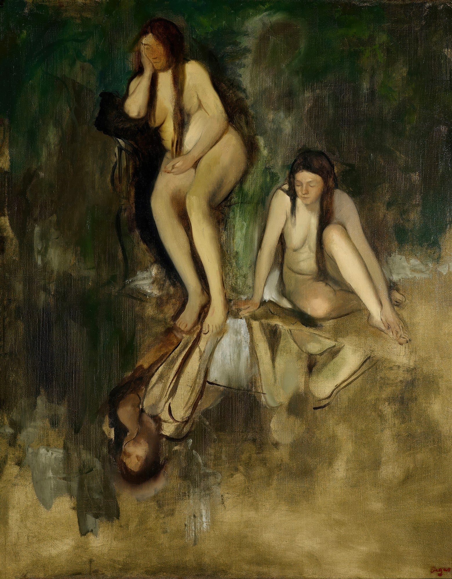 Quadro decorativo mostrando três figuras femininas nuas em um ambiente escuro e terroso, com tons de verde e marrom. Uma mulher está sentada em um plano superior, outra sentada abaixo, e a terceira figura é um reflexo ou projeção, de cabeça para baixo. A iluminação destaca as formas suaves dos corpos.