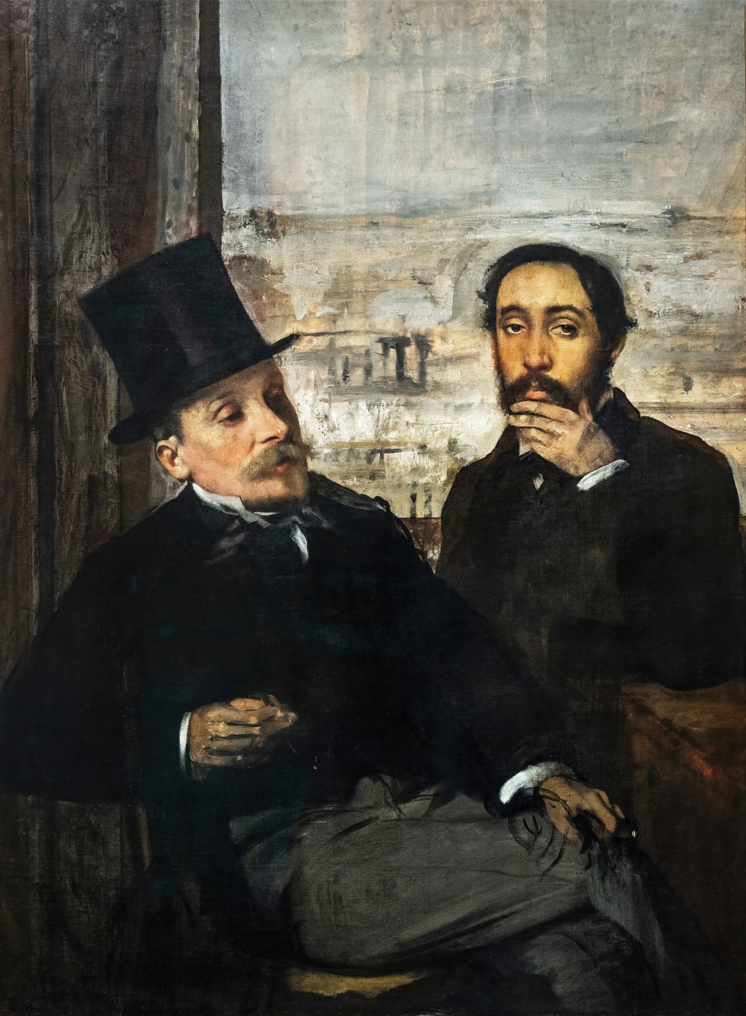 Retrato de dois homens, um com cartola e bigode olhando para o lado, e outro com barba e mão no queixo, olhando para frente. A obra é atribuída a Edgar Degas.