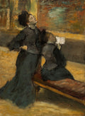 Pintura de Edgar Degas, 'Duas Mulheres', retratando duas figuras femininas em um ambiente interno, uma em pé e outra sentada lendo, com pinceladas soltas e tons sóbrios.