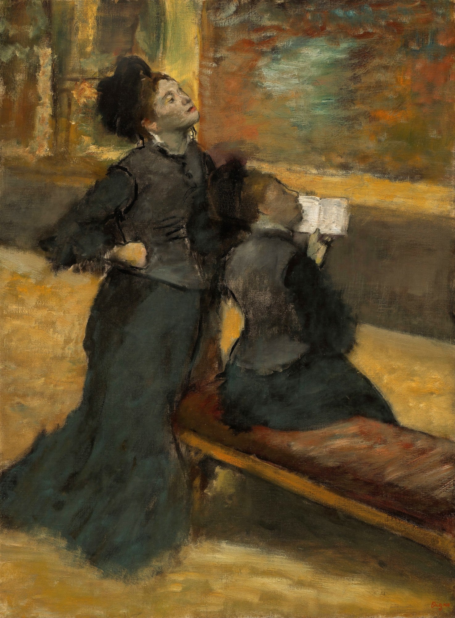 Pintura de Edgar Degas, 'Duas Mulheres', retratando duas figuras femininas em um ambiente interno, uma em pé e outra sentada lendo, com pinceladas soltas e tons sóbrios.