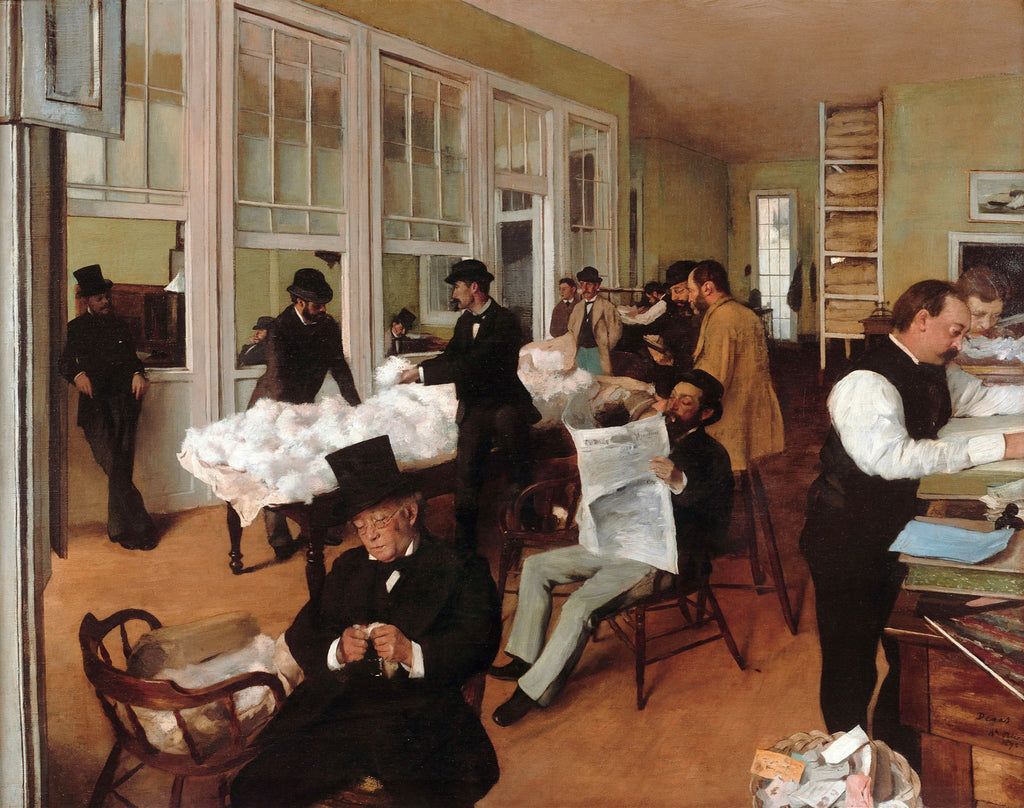 Pintura a óleo de Edgar Degas, 'Um Escritório de Algodão em Nova Orleans', mostrando vários homens em trajes de época em um escritório movimentado, alguns examinando algodão, outros lendo jornais.