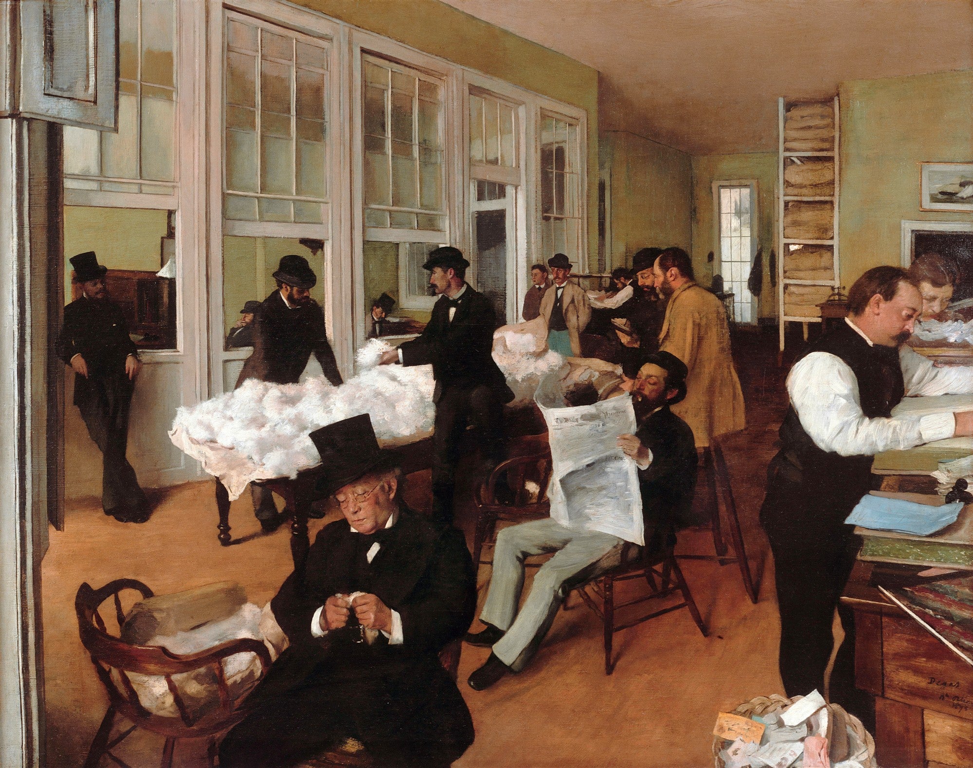 Pintura a óleo de Edgar Degas, 'Um Escritório de Algodão em Nova Orleans', mostrando vários homens em trajes de época em um escritório movimentado, alguns examinando algodão, outros lendo jornais.