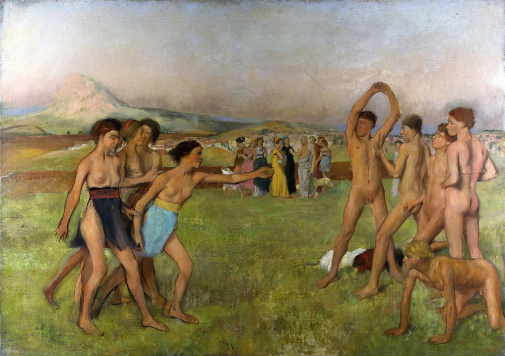 Quadro de Edgar Degas, Jovens Espartanas Exercitando-se, com figuras nuas e seminuas em um campo verde com montanhas ao fundo.