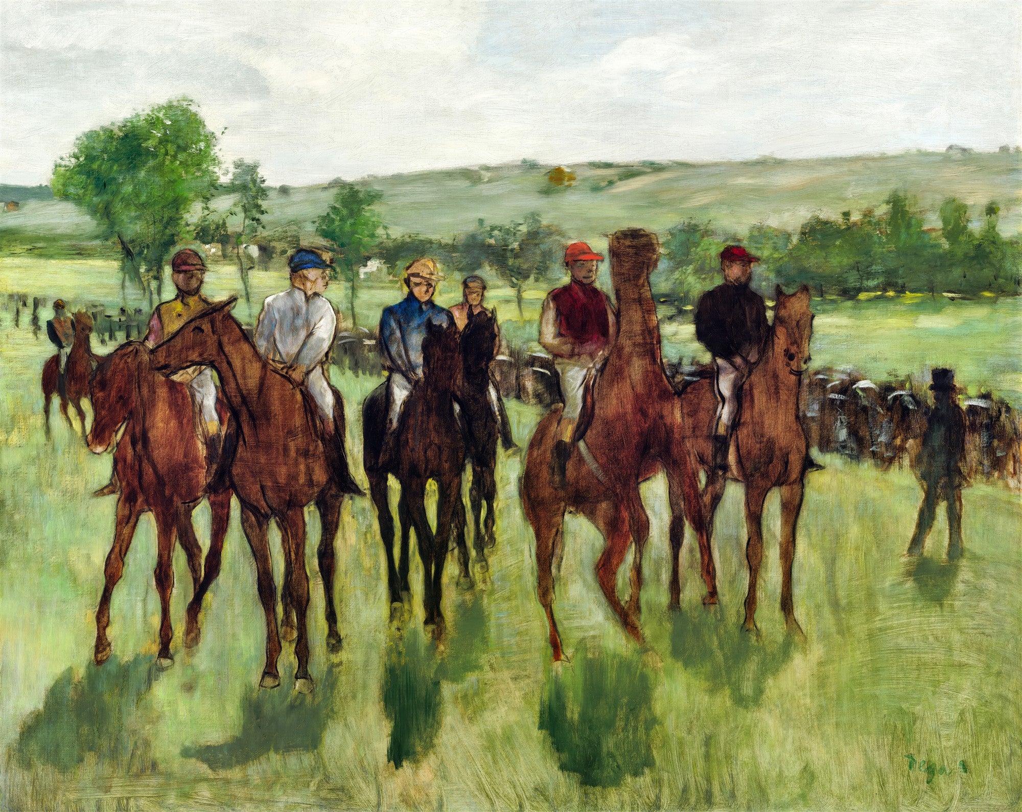 Quadro decorativo com pintura de Edgar Degas, Cavalos de Corrida, mostrando jóqueis montados em cavalos em um campo verde, com outros espectadores ao fundo. A luz é natural e a técnica impressionista.