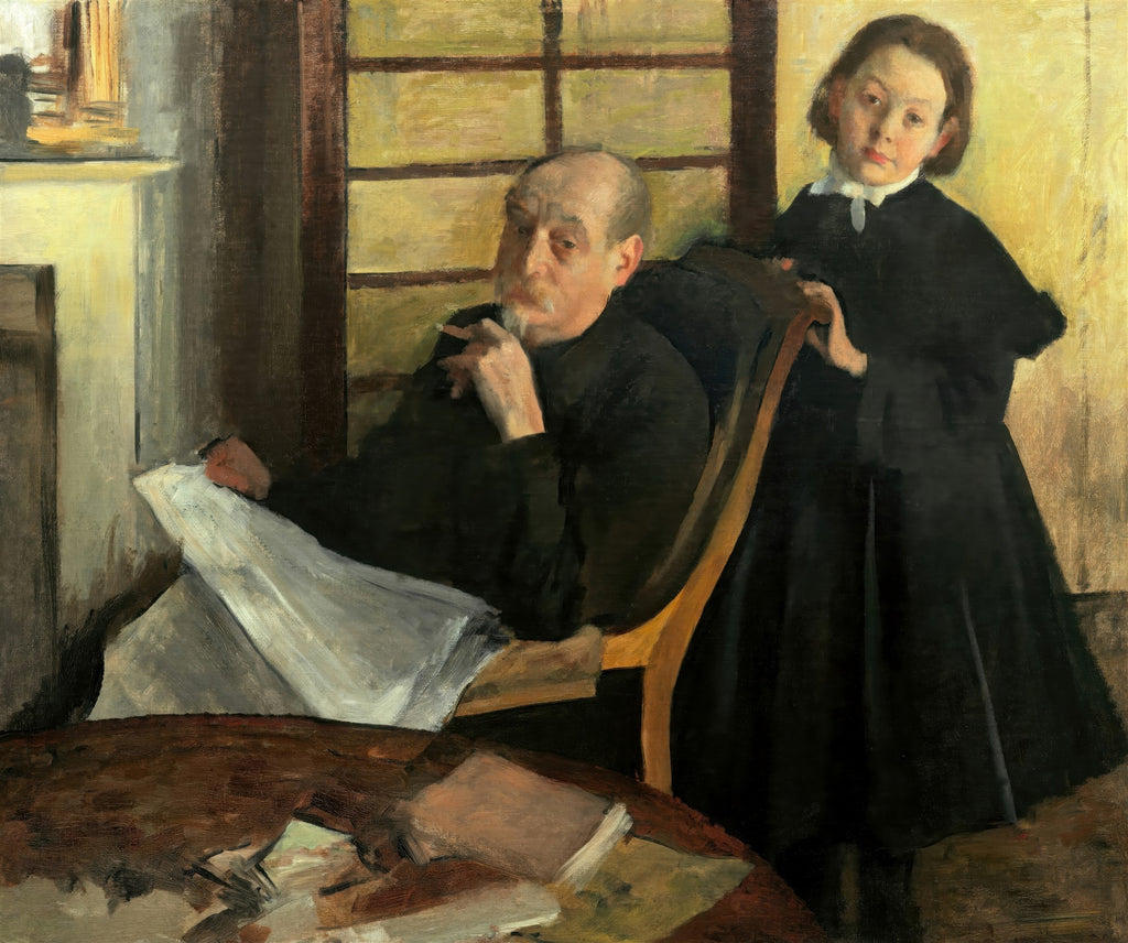 Quadro decorativo de Edgar Degas, retratando seu pai, Achille De Gas, sentado lendo um jornal e uma criança, Estelle Musson Balfour, de pé ao lado da cadeira, ambos em um ambiente interno com luz suave.