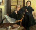 Quadro decorativo de Edgar Degas, retratando seu pai, Achille De Gas, sentado lendo um jornal e uma criança, Estelle Musson Balfour, de pé ao lado da cadeira, ambos em um ambiente interno com luz suave.