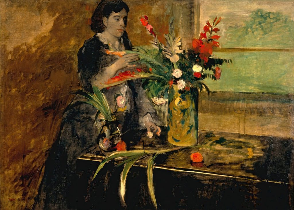 Quadro a óleo de Edgar Degas, A Mulher com os Crisântemos, mostrando uma mulher pensativa ao lado de um vaso grande de flores, com tons terrosos e vibrantes