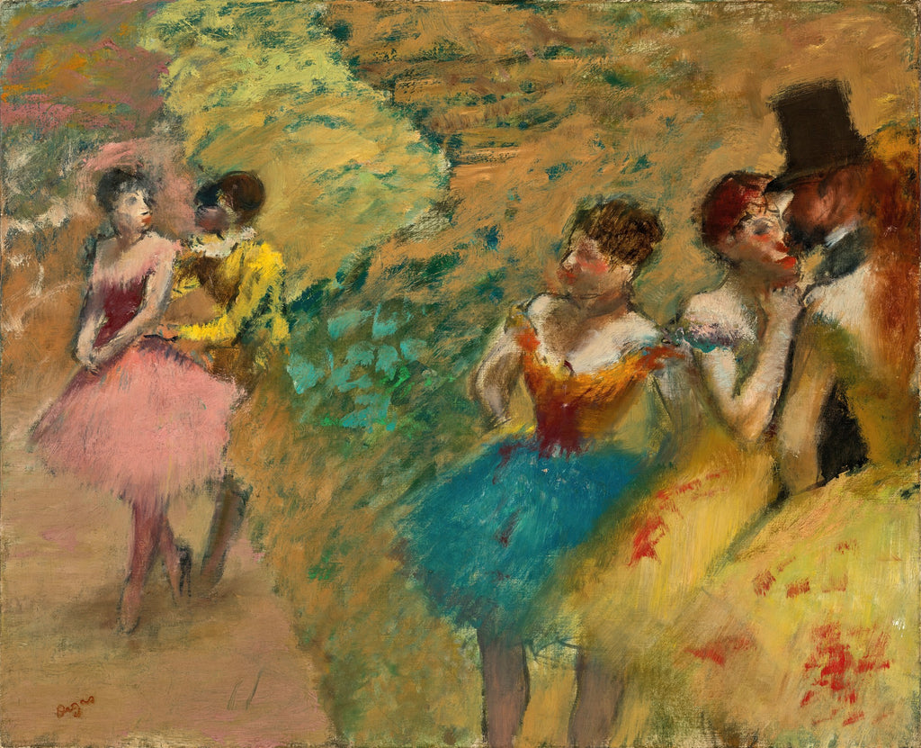 Pintura a óleo atribuída a Edgar Degas, retratando bailarinas e figuras em um ambiente de bastidores com cores quentes e pinceladas soltas.