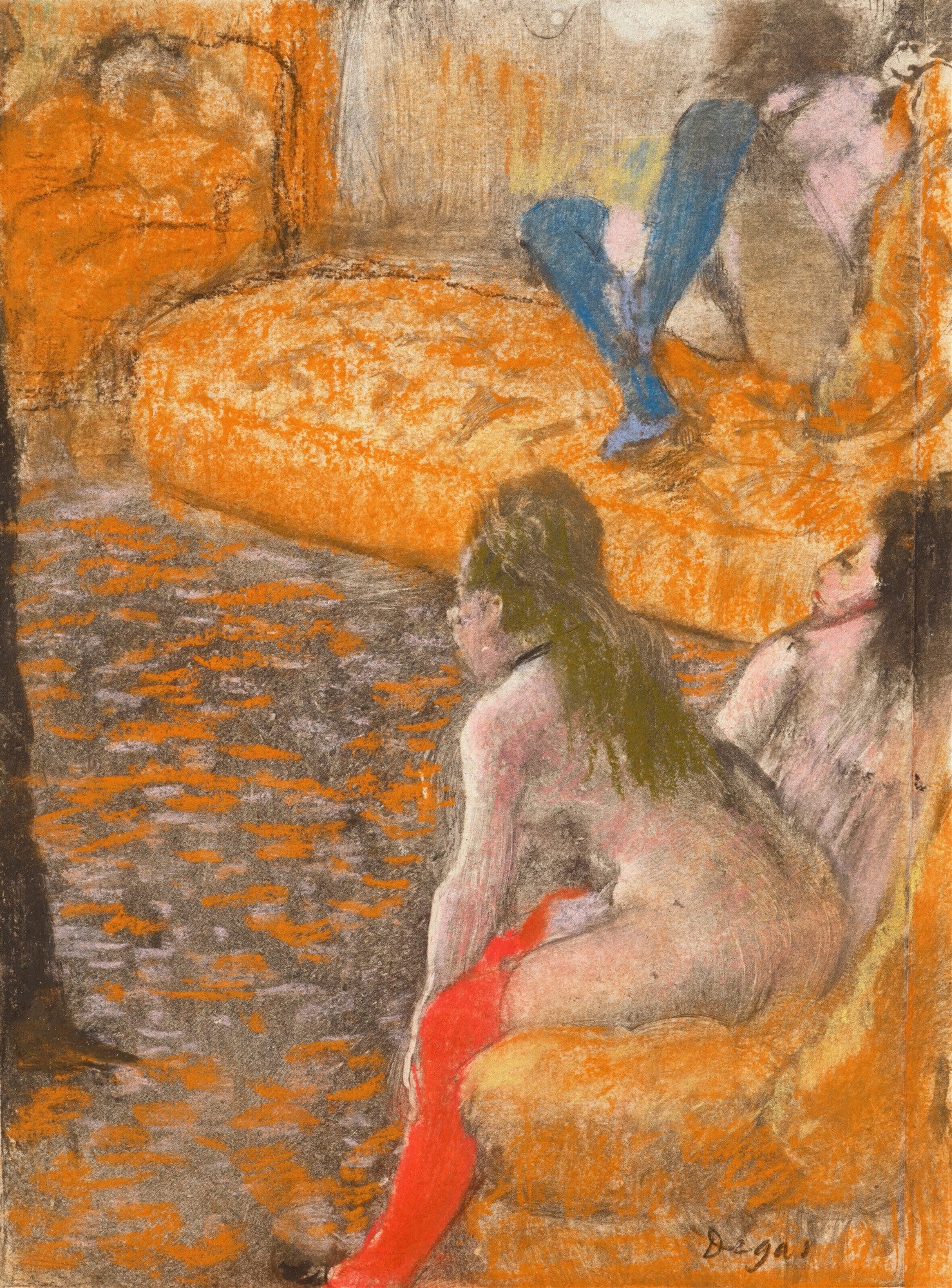 Obra de Edgar Degas representando três figuras femininas nuas ou seminuas em um ambiente interior, com cores terrosas, laranja e detalhes em vermelho e azul.