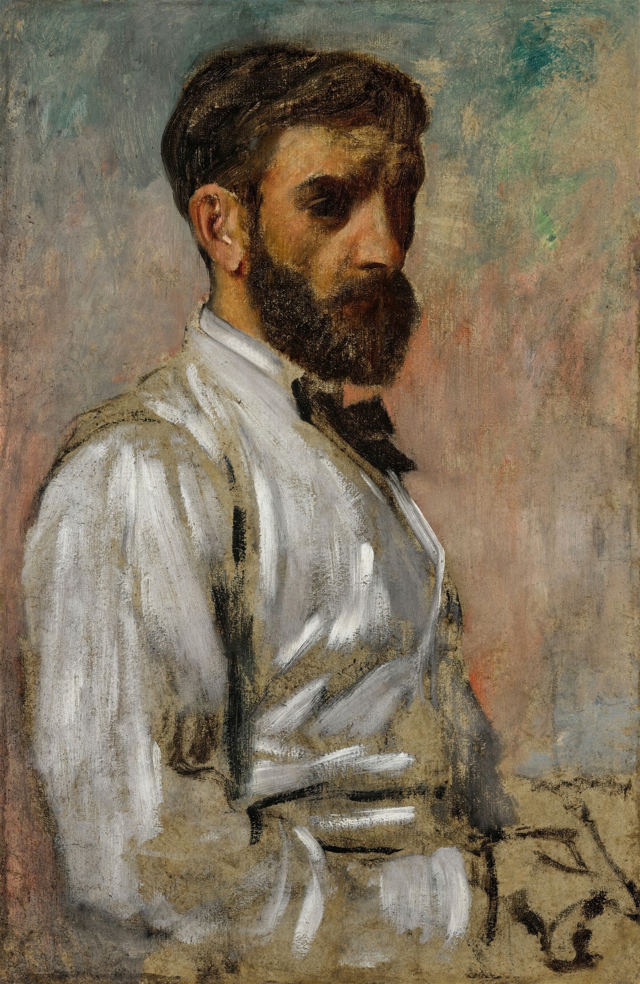 Autorretrato de Edgar Degas, um homem barbudo com camisa branca, em tons terrosos e cinzentos, com expressão introspectiva.