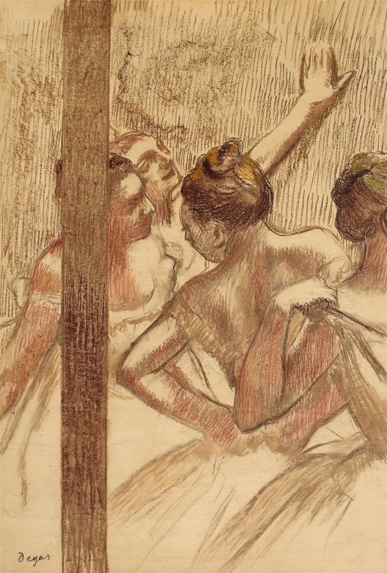 Desenho a carvão e giz de cera de Edgar Degas, mostrando três bailarinas nos bastidores, com uma delas levantando o braço. Tons terrosos dominam a cena.