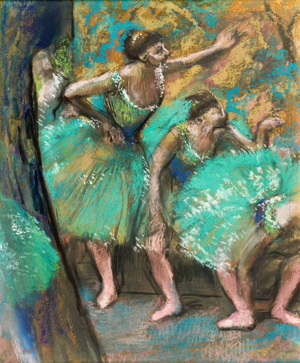 Quadro de Edgar Degas com três bailarinas de ballet em movimento, vestindo tutus verdes vibrantes, em tons pastel suaves e expressivos.