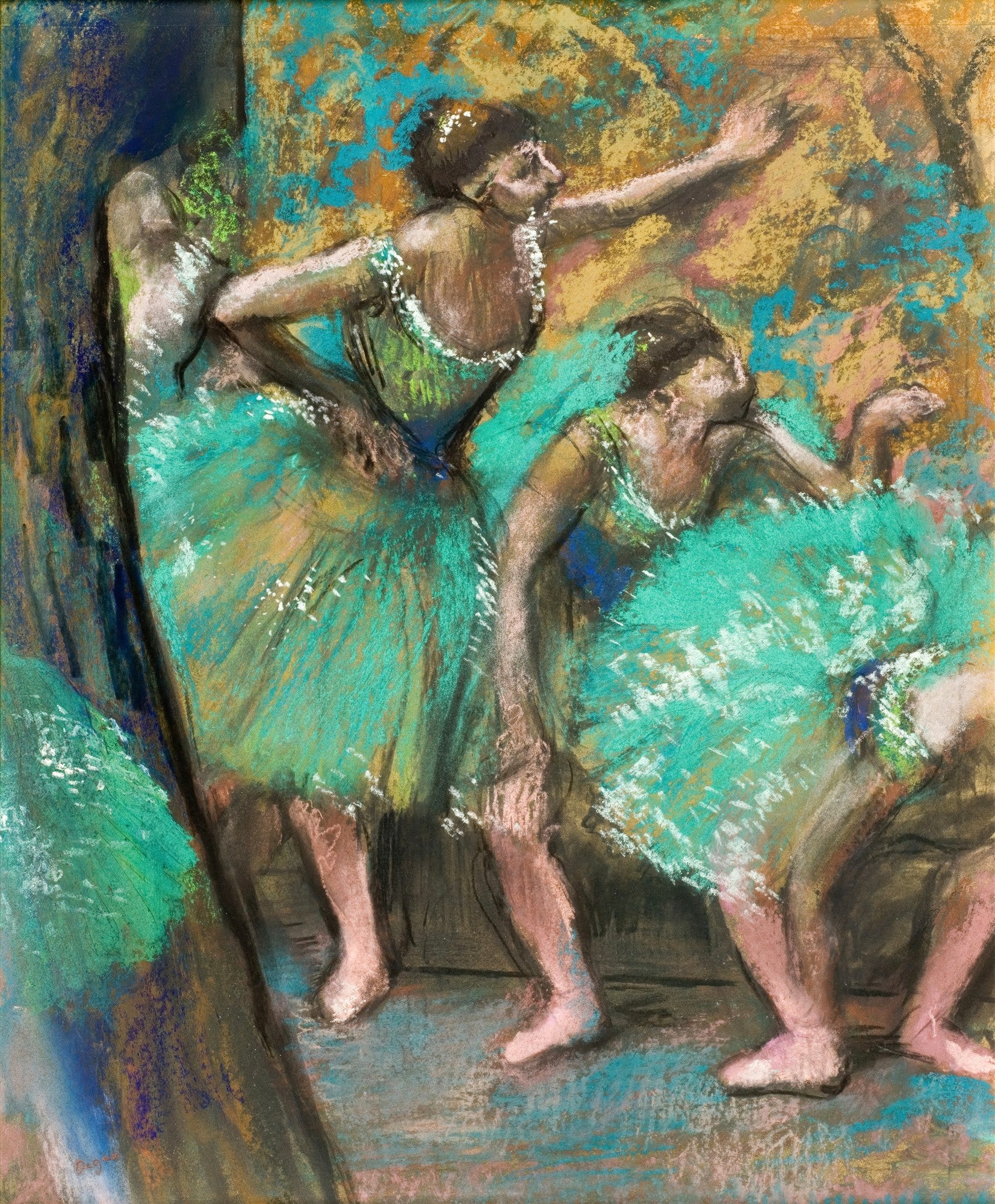 Quadro de Edgar Degas com três bailarinas de ballet em movimento, vestindo tutus verdes vibrantes, em tons pastel suaves e expressivos.