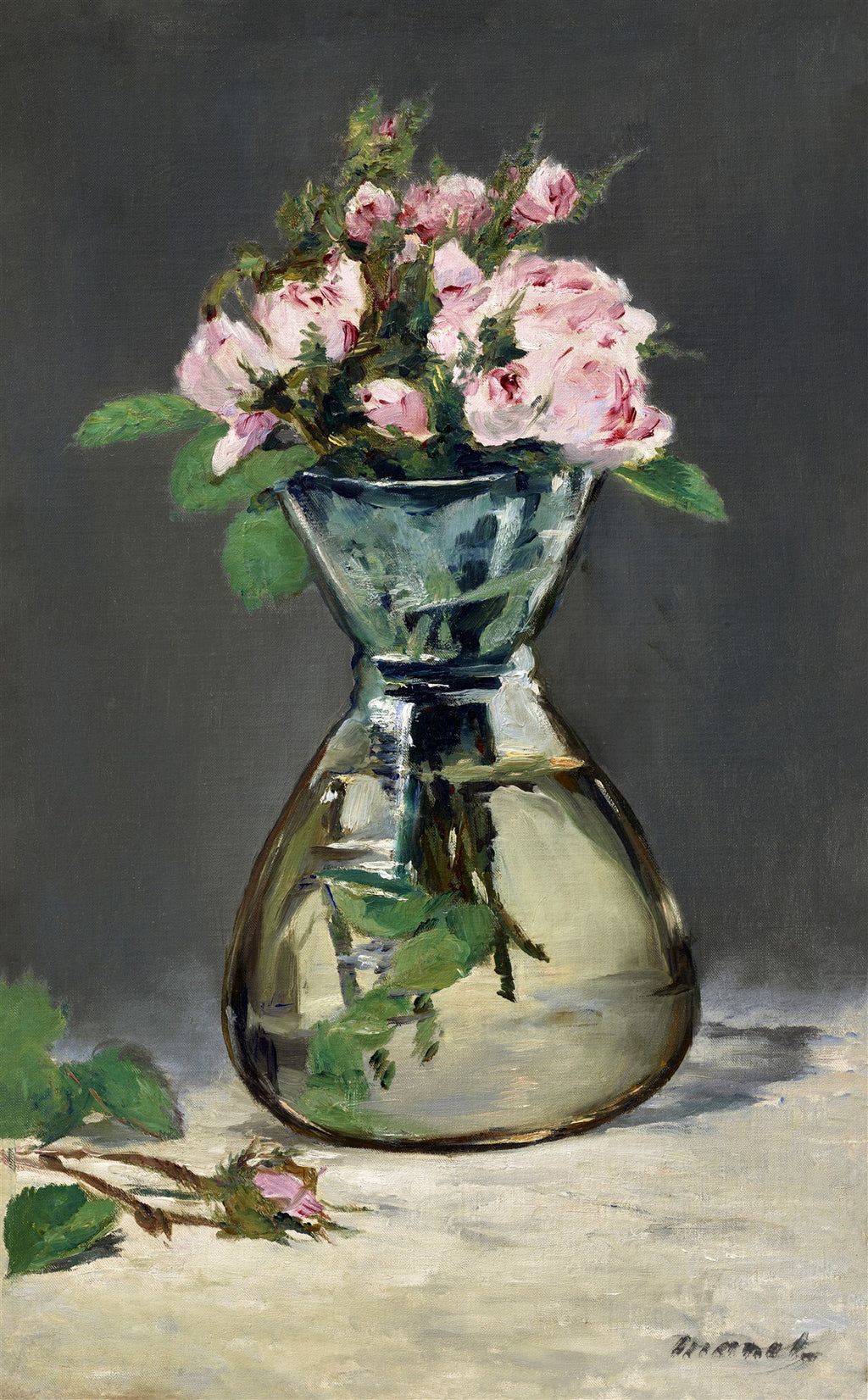 Quadro decorativo "Rosas em um Vaso" de Edouard Manet, mostrando rosas rosadas em um vaso de vidro transparente sobre um fundo cinza escuro.