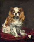 Pintura a óleo de um cão King Charles Spaniel sentado em uma almofada vermelha, com fundo escuro. O cão tem pelagem branca e marrom-avermelhada, com olhos expressivos.