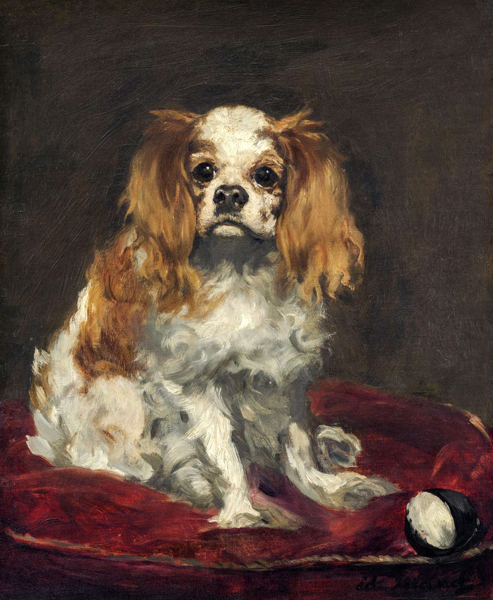 Pintura a óleo de um cão King Charles Spaniel sentado em uma almofada vermelha, com fundo escuro. O cão tem pelagem branca e marrom-avermelhada, com olhos expressivos.