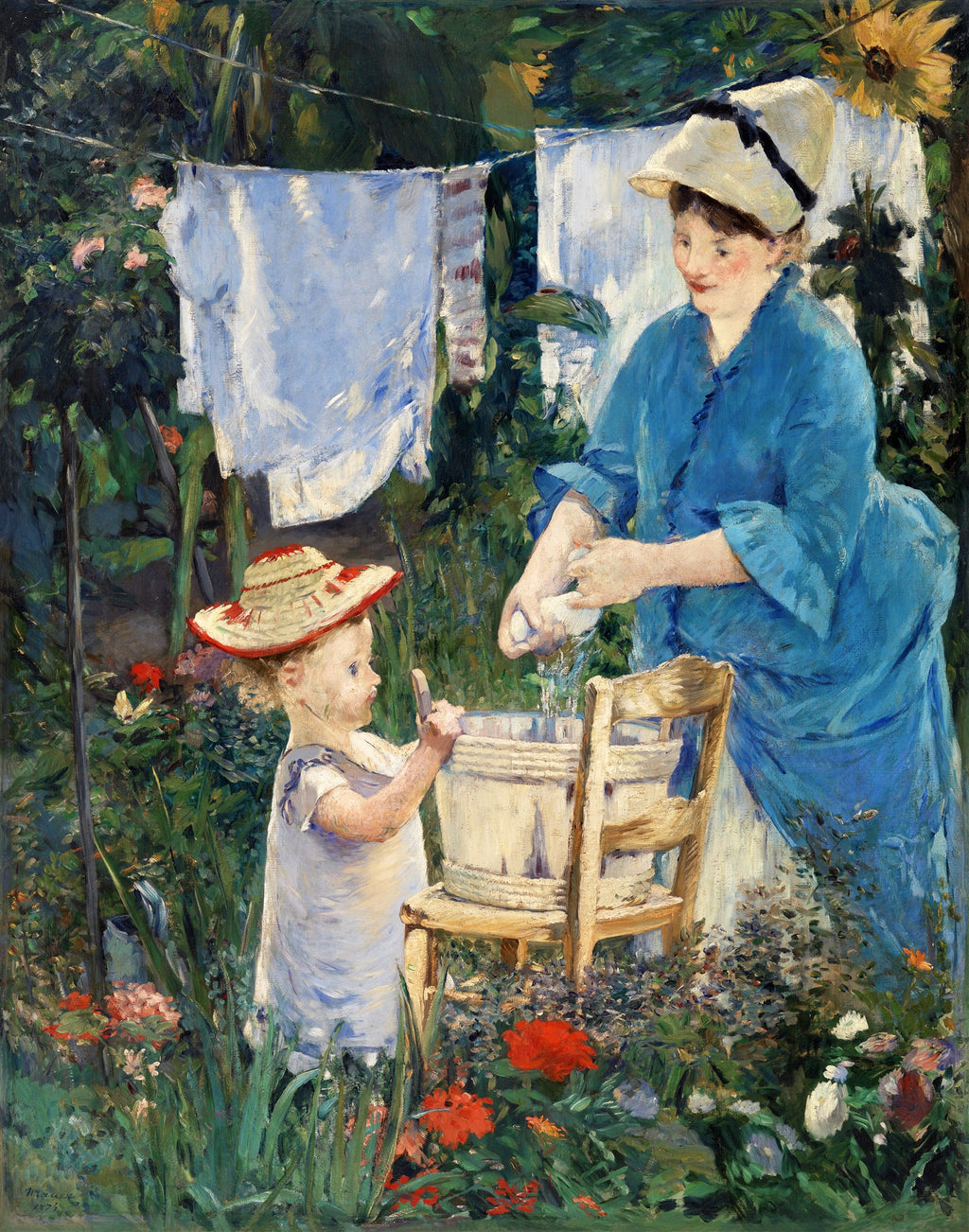 Quadro decorativo de Edouard Manet, 'A Lavadeira', mostrando uma mulher e uma criança lavando roupas em um jardim ensolarado, com roupas brancas penduradas para secar e flores coloridas ao redor.