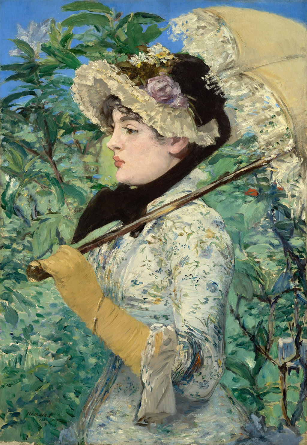 Quadro decorativo mostrando a obra 'A Dama com Sombrinha' de Edouard Manet, com uma mulher elegante em perfil, segurando uma sombrinha, em meio a folhagens verdes e um céu azul. A mulher veste um vestido florido e um chapéu com adornos florais.