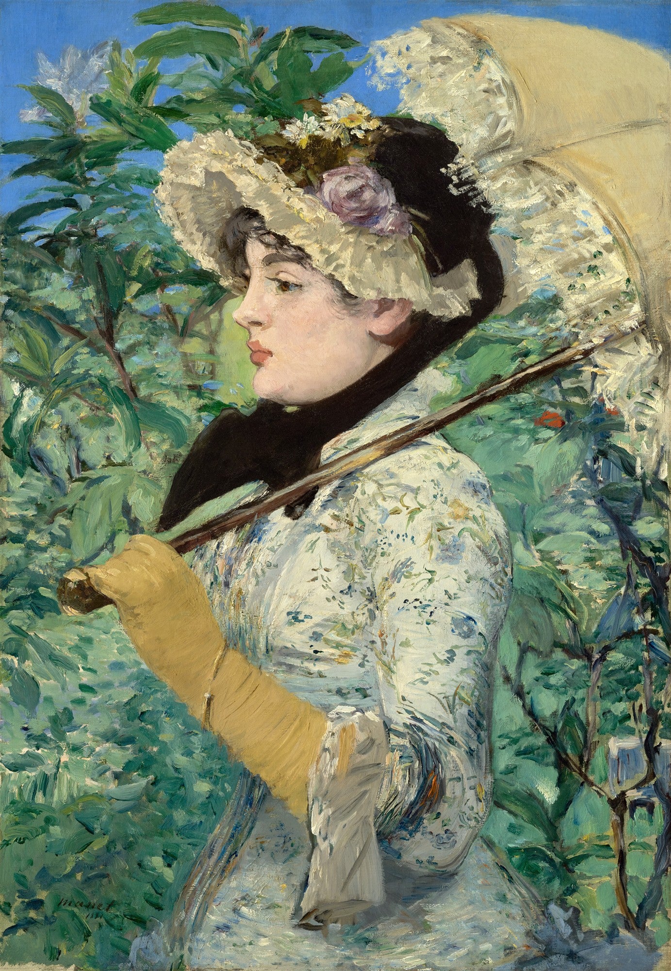 Quadro decorativo mostrando a obra 'A Dama com Sombrinha' de Edouard Manet, com uma mulher elegante em perfil, segurando uma sombrinha, em meio a folhagens verdes e um céu azul. A mulher veste um vestido florido e um chapéu com adornos florais.