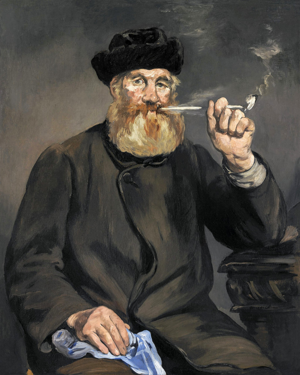 Retrato de um homem barbudo, usando chapéu e casaco escuros, fumando cachimbo, obra de Edouard Manet.