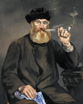 Retrato de um homem barbudo, usando chapéu e casaco escuros, fumando cachimbo, obra de Edouard Manet.