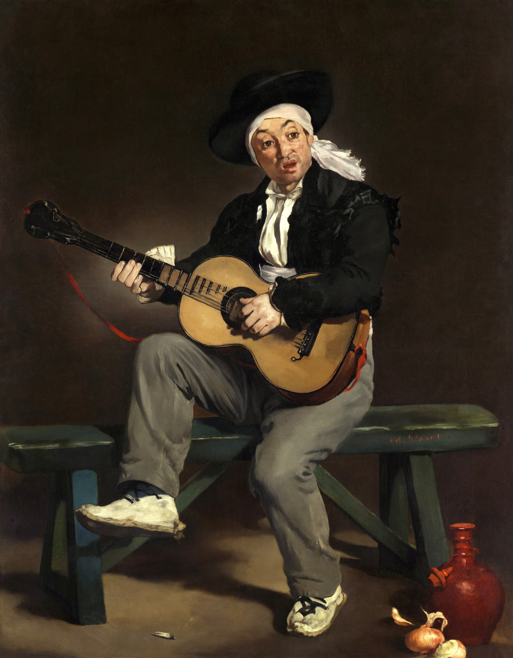 Quadro decorativo com a pintura 'O Cantor Espanhol' de Édouard Manet, mostrando um homem sentado com um violão, cantando.