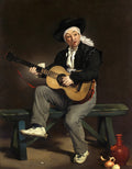 Quadro decorativo com a pintura 'O Cantor Espanhol' de Édouard Manet, mostrando um homem sentado com um violão, cantando.