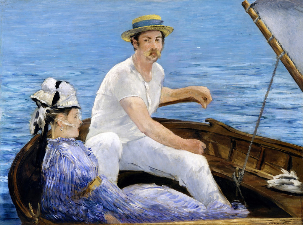 Quadro decorativo 'O Barco' de Edouard Manet, representando um homem e uma mulher em um barco a remo em águas azuis, sob a luz do sol.