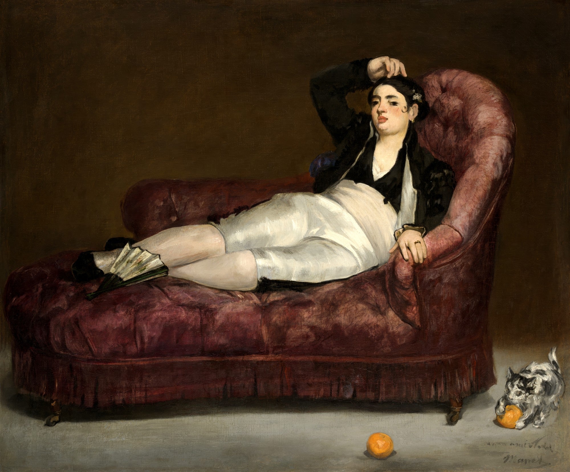 Retrato de uma mulher reclinada em um divã roxo, com um gato e laranjas no chão, pintado por Edouard Manet.