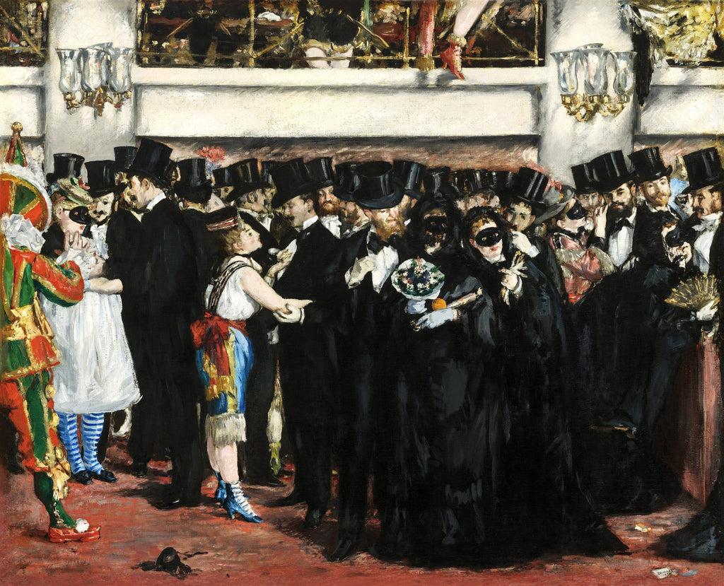Quadro decorativo 'O Baile da Ópera' de Édouard Manet, representando uma cena de multidão em um baile de máscaras com figuras vestidas de preto, alguns com cartolas e máscaras, e outras em fantasias coloridas, como um Pierrot e uma figura de arlequim. O ambiente é iluminado e há detalhes de arquitetura de ópera ao fundo.