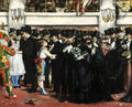 Quadro decorativo 'O Baile da Ópera' de Édouard Manet, representando uma cena de multidão em um baile de máscaras com figuras vestidas de preto, alguns com cartolas e máscaras, e outras em fantasias coloridas, como um Pierrot e uma figura de arlequim. O ambiente é iluminado e há detalhes de arquitetura de ópera ao fundo.