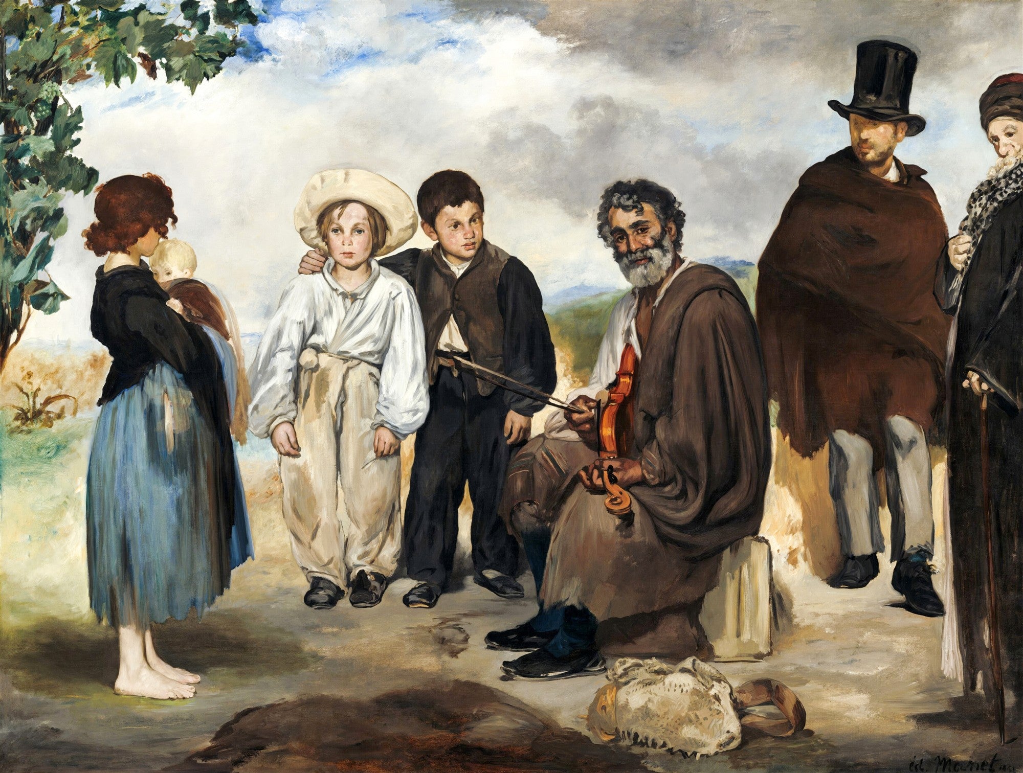 Quadro decorativo 'Os Velhos Músicos' de Edouard Manet, retratando um grupo de sete figuras, incluindo um violinista, crianças e adultos, em uma cena de rua com um céu parcialmente nublado ao fundo.