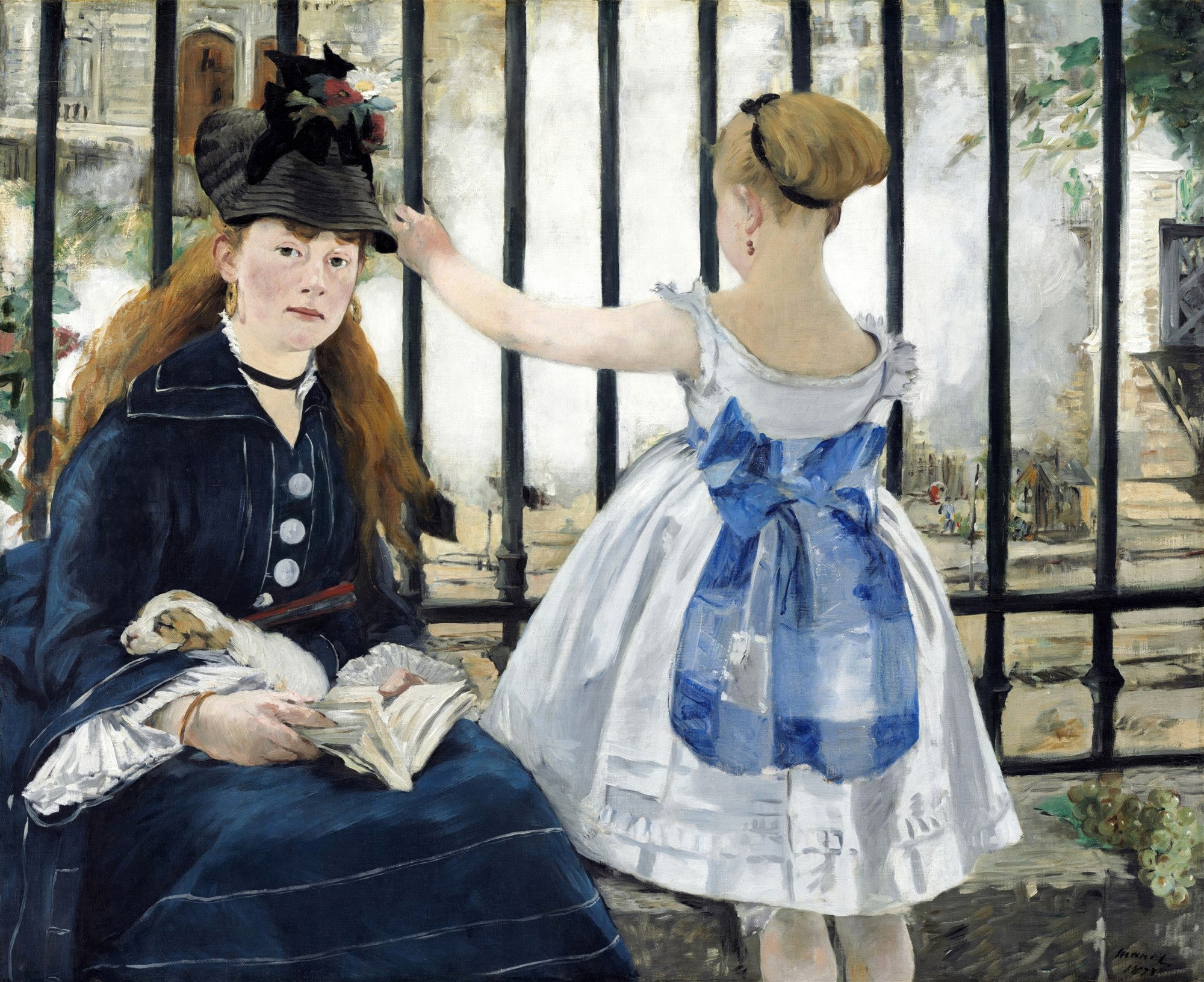 Quadro decorativo 'A Ferrovia' de Edouard Manet, retratando uma mulher sentada com um cachorro e uma menina de costas observando a paisagem através de grades de ferro.