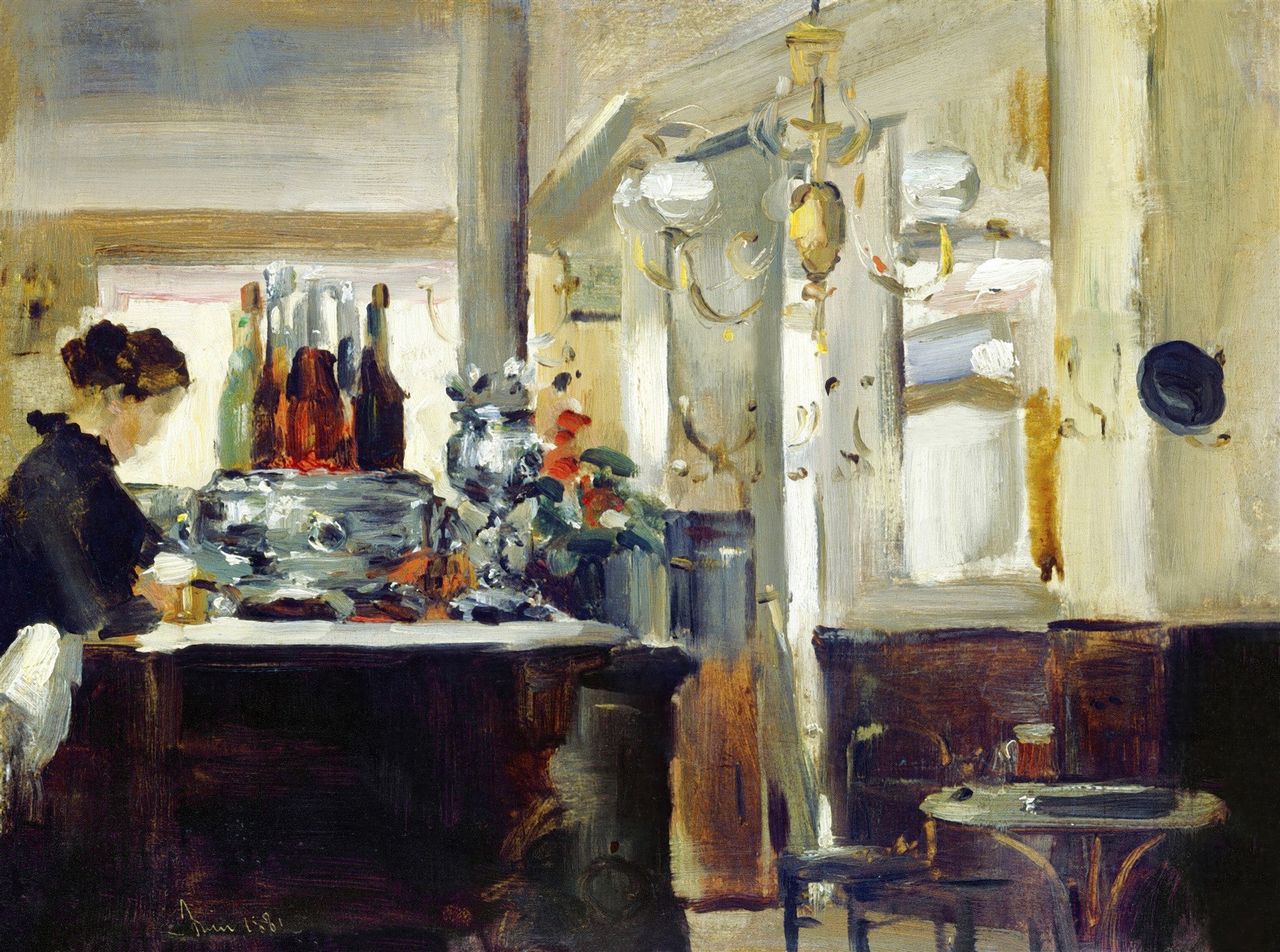 Quadro decorativo com a obra 'A Camareira' de Edouard Manet, representando uma mulher em um ambiente interior com garrafas e um lustre.
