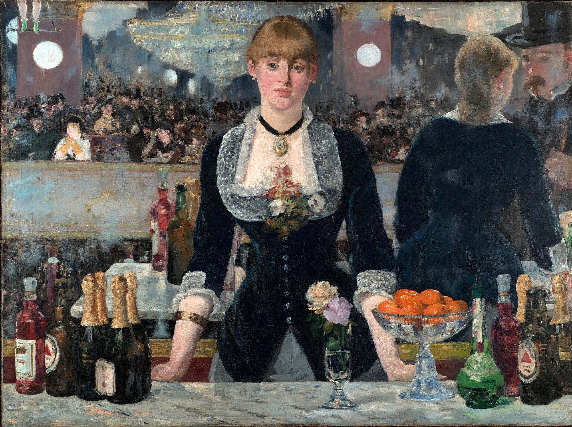 Quadro decorativo mostrando a obra 'Um Bar no Folies-Bergère' de Edouard Manet. Uma atendente de bar com expressão pensativa, cercada por garrafas e frutas, com o reflexo de um salão de espetáculos lotado ao fundo.
