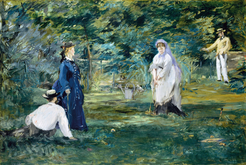 Quadro decorativo 'O Jogo de Croqué' de Édouard Manet, representando quatro figuras em um jardim, jogando croqué, com predominância de tons verdes e azuis e pinceladas soltas.