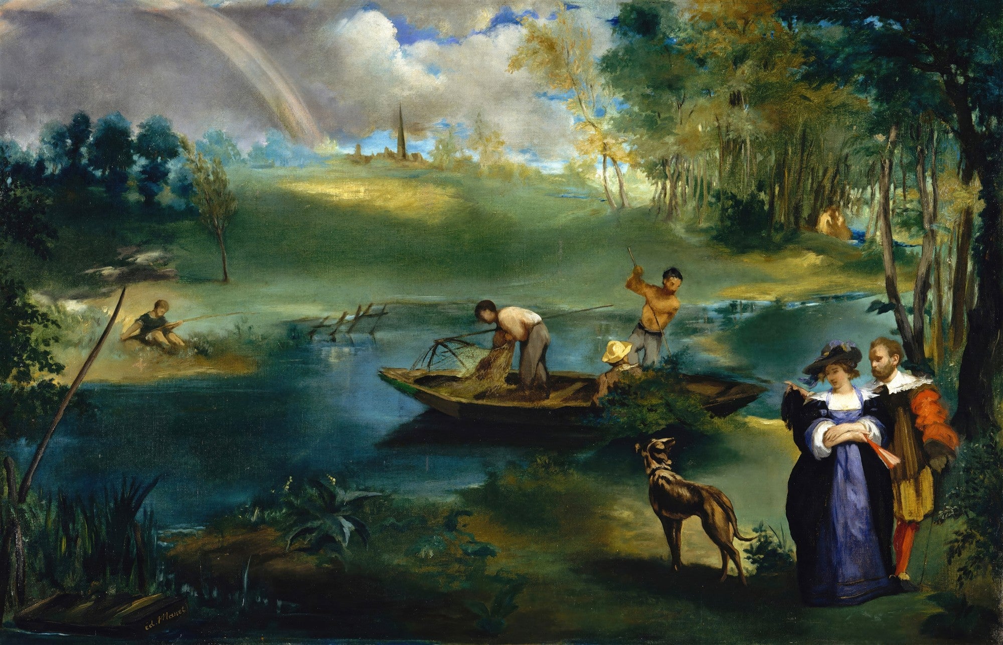 Uma pintura a óleo de Édouard Manet, "A Pesca (O Rio)", retratando uma cena ribeirinha com pescadores, um casal elegantemente vestido e um cão, sob um céu com arco-íris e árvores exuberantes.