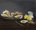 Quadro decorativo com a pintura 'Ostras' de Edouard Manet, representando ostras em um prato, limões e um molheira sobre uma mesa escura.