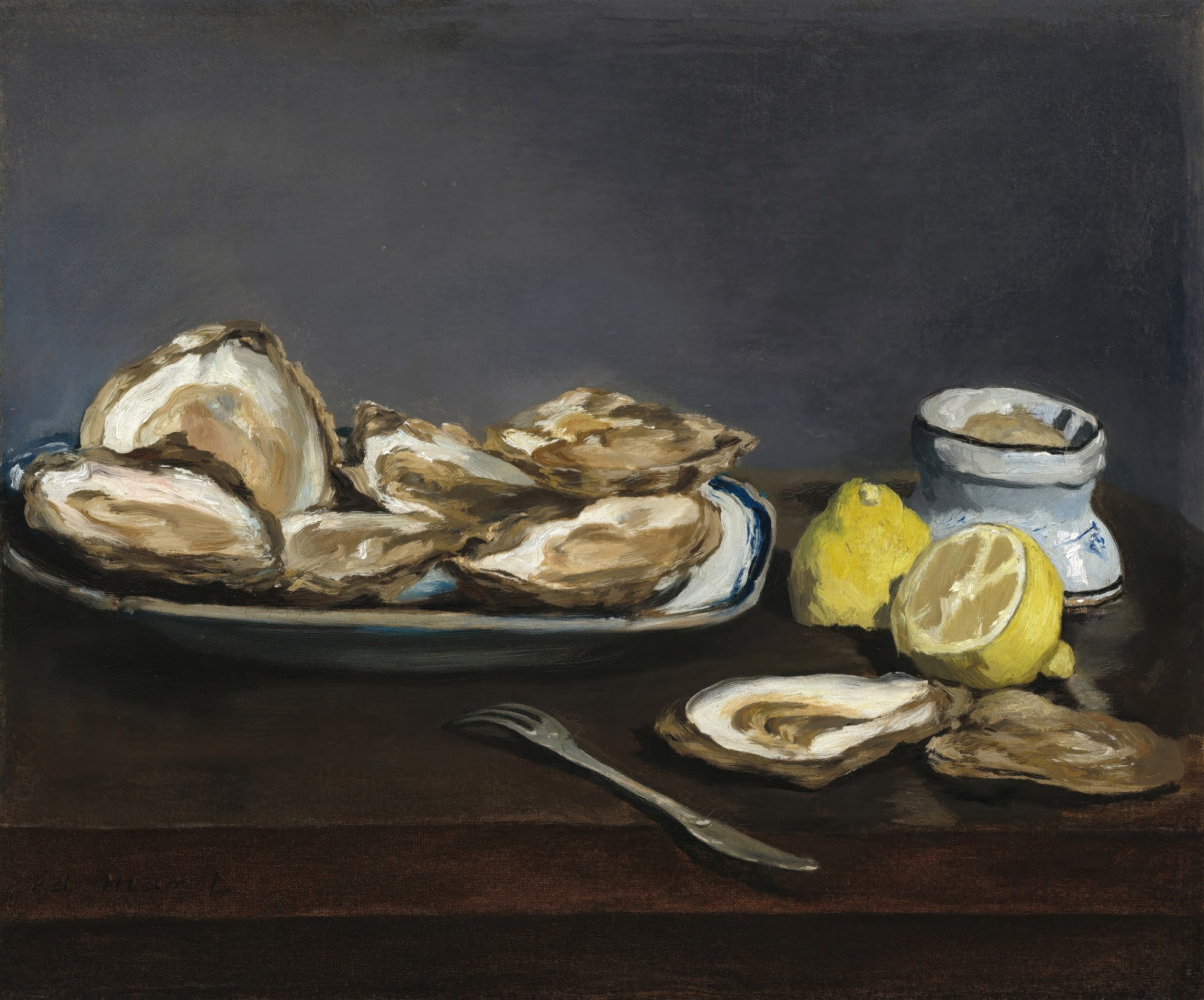 Quadro decorativo com a pintura 'Ostras' de Edouard Manet, representando ostras em um prato, limões e um molheira sobre uma mesa escura.