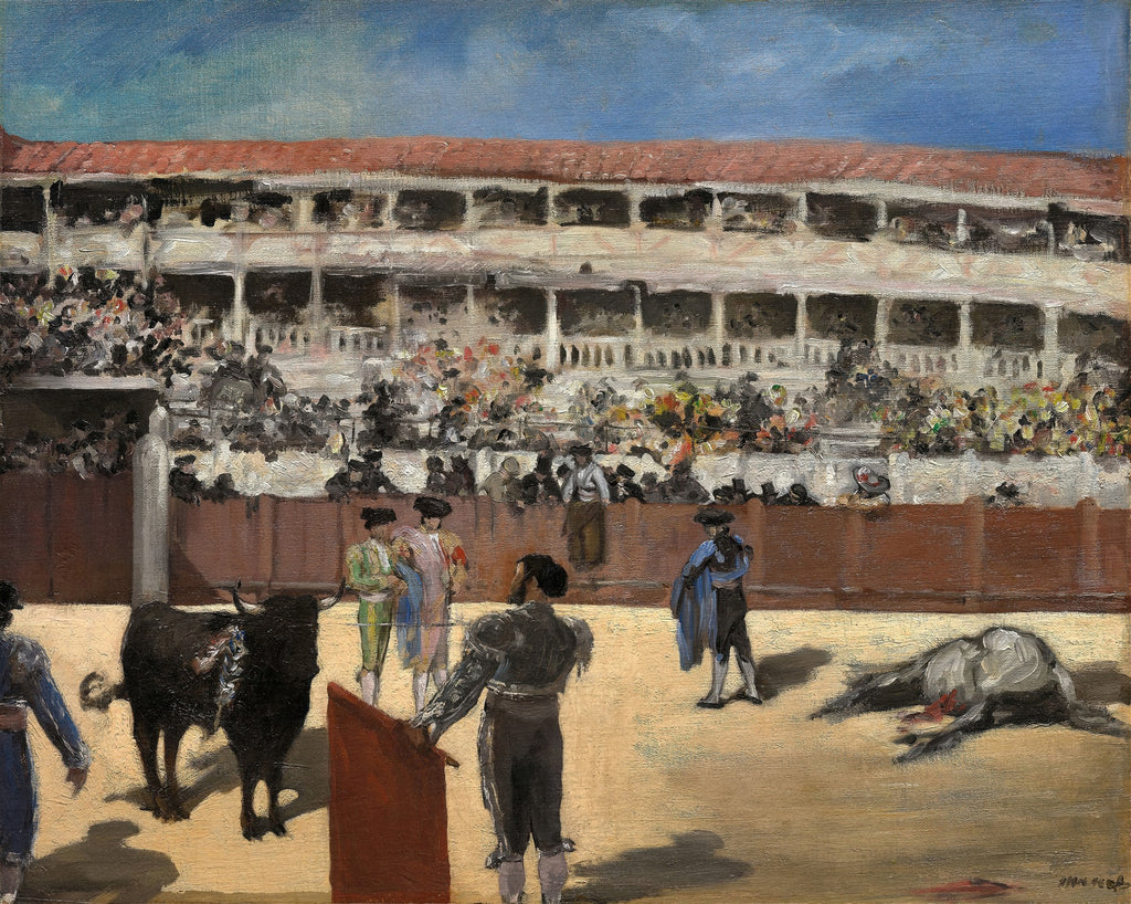 Quadro decorativo 'A Tourada' de Edouard Manet, representando uma cena de tourada em uma arena, com toureiros, touro e público, em estilo impressionista.
