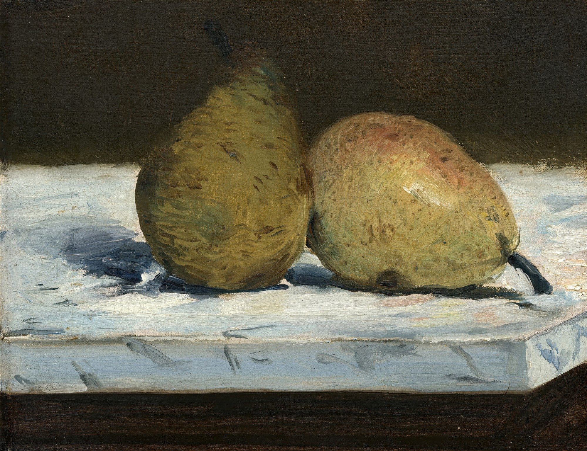 Quadro decorativo com pintura de natureza-morta de Edouard Manet, apresentando duas peras sobre uma superfície clara e manchada, com fundo escuro. A luz incide sobre as frutas, criando sombras e realçando texturas.