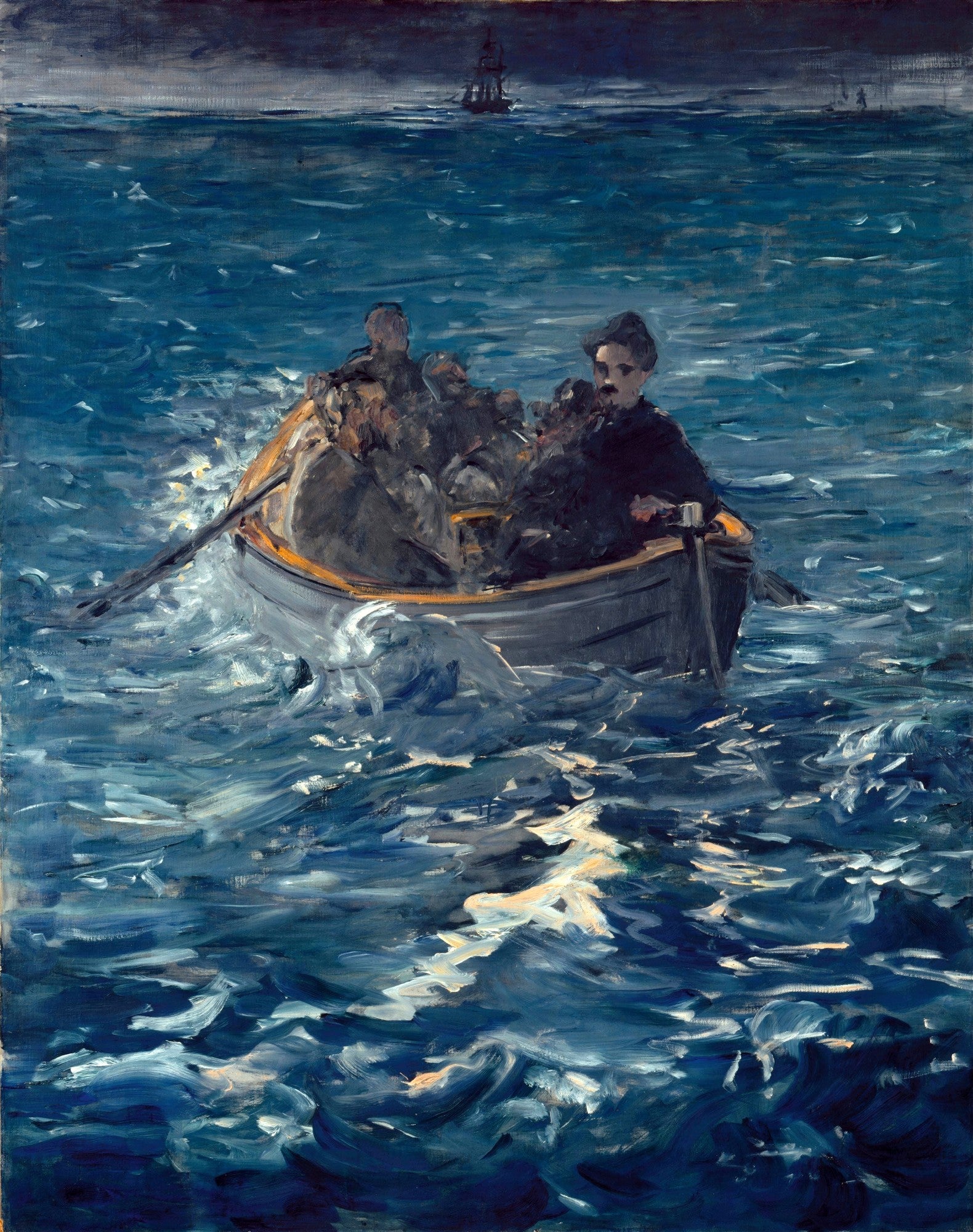 Pintura a óleo de Edouard Manet, 'A Fuga de Rochefort', mostrando um pequeno barco com homens remando em águas agitadas sob um céu escuro, com um navio ao longe. A obra apresenta tons dramáticos de azul e cinza, com pinceladas expressivas que capturam o movimento das ondas.