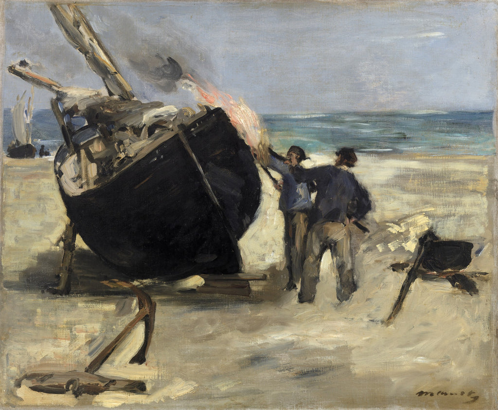 Pintura a óleo de Edouard Manet, "A Queima do Barco", mostrando dois homens na praia ao lado de um barco em chamas, com o mar ao fundo.